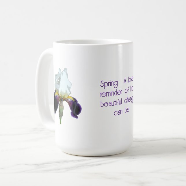 Caneca de café com íris roxa e branca e citação (Frente Esquerda)