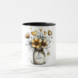 Caneca de café com jarra de mason cheia de flores