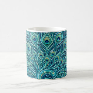 Caneca de Café com Leque de Pavão Azul Oceano Abst