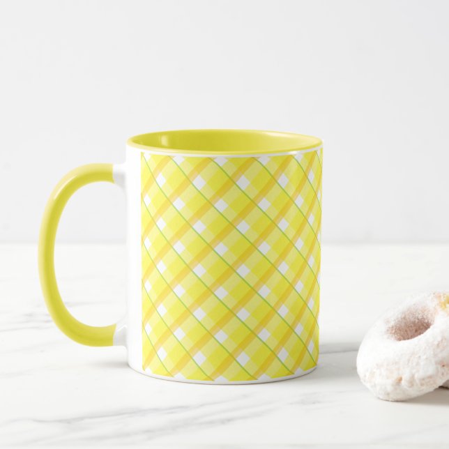 Caneca de Café com Listras Xadrez Amarelo Retro em (Com Donut)