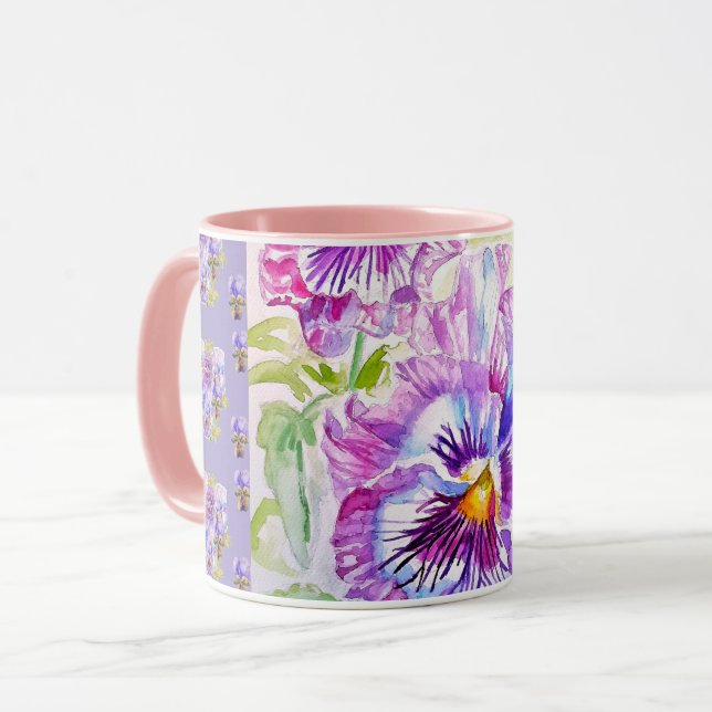 Caneca de Café com Margaridas Roxas Pintadas à Mão (Frente Esquerda)
