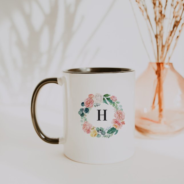 Caneca de Café com Monograma de Grinalda Floral Co (Criador carregado)