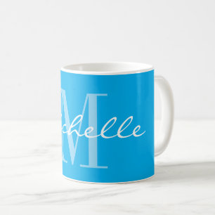 Caneca de café com monograma de nome azul e branco