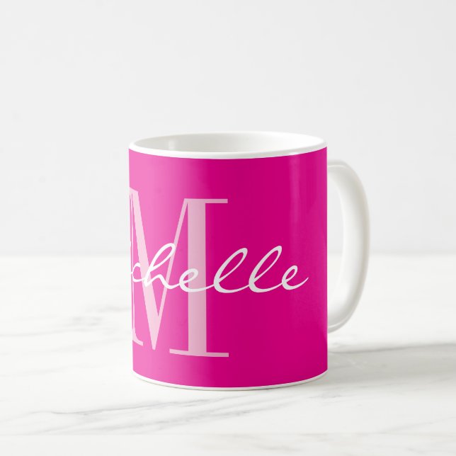 Caneca de café com monograma de nome rosa neon ele (Frente Esquerda)
