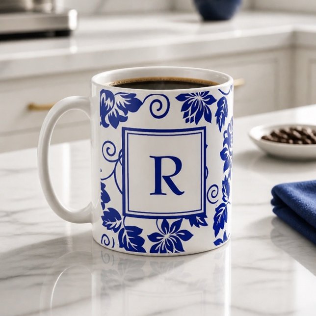 Caneca de Café com Monograma do Padrão Jardim Azul (Criador carregado)