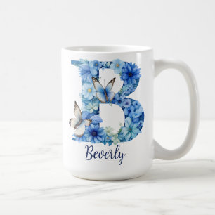 Caneca de café com monograma floral azul de 15 oz