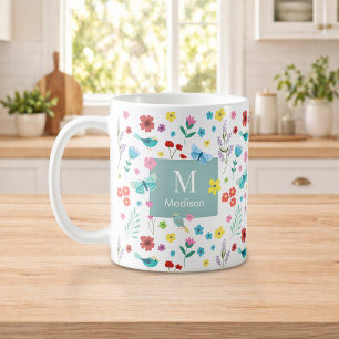 Caneca de Café com Monograma Floral Colorido Perso