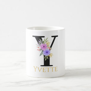 Caneca de Café com Monograma Floral em Aquarela