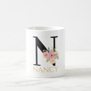 Caneca de Café com Monograma Floral em Aquarela