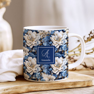 Caneca de Café com Nome Personalizado Flores Branc
