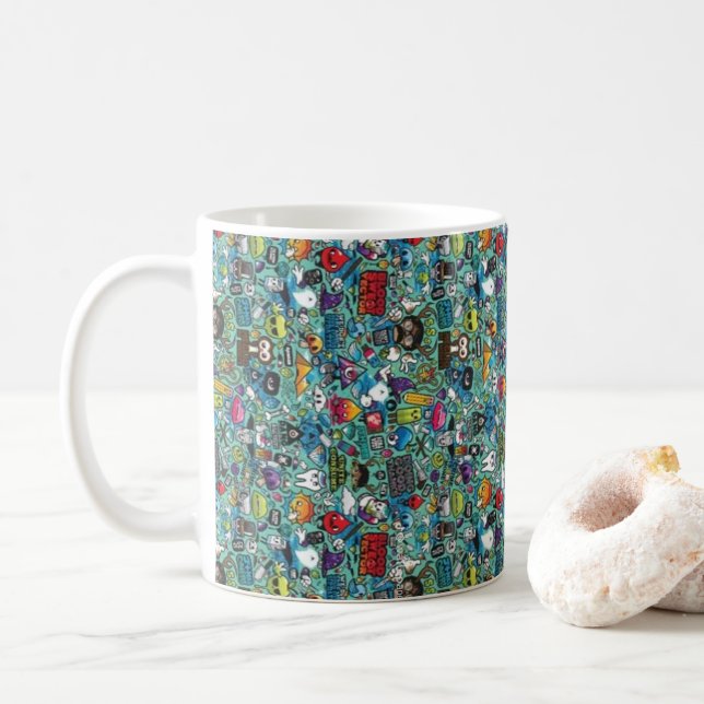 Caneca de Café com Padrão Colorido de Rabiscos | D (Com Donut)