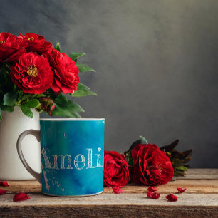 caneca de café com padrão de aquarela azul abstrat