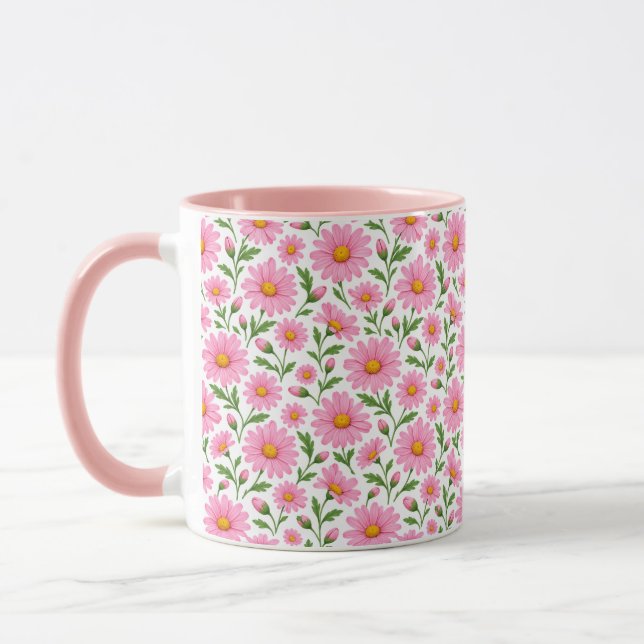 Caneca de Café com Padrão Floral de Margarida Rosa (Esquerda)