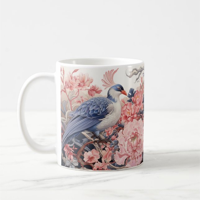 Caneca de Café com Pássaro e Peônias Rosas (Esquerda)
