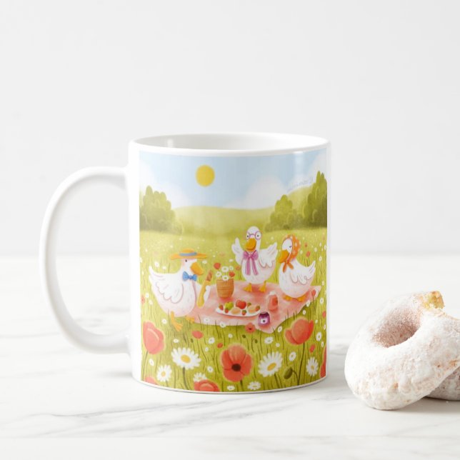 Caneca de Café com Piquenique Matinal e Patos Fofo (Com Donut)
