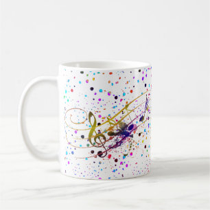Caneca de café com respingos de música colorida