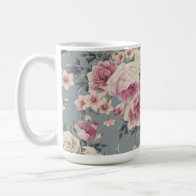caneca de café com rosas cor-de-rosa (Esquerda)