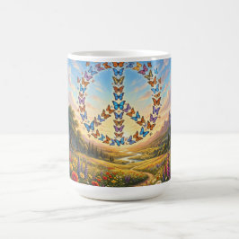 Caneca de café com símbolo da paz desenhado com bo