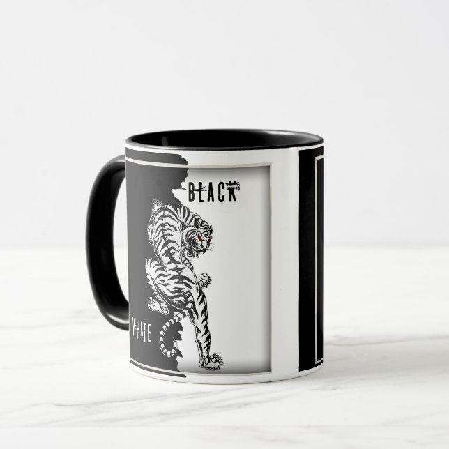 Caneca de café com tigre preto e branco (Frente Esquerda)