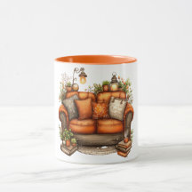 Caneca de café com tons quentes de sofá e flores