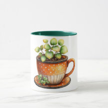 Caneca de café com xícara de café com planta dentr