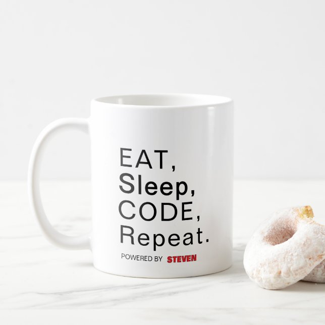 Caneca De Café Coma, Dorme, Código, Repita. Acionado por [Nome pe (Com Donut)