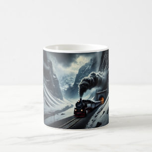 Caneca De Café Comboio a vapor emergindo de um túnel de montanha