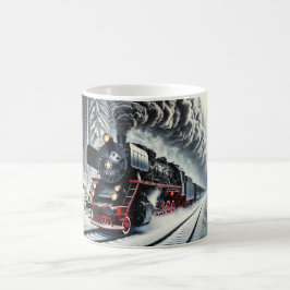Caneca De Café Comboio Vintage a Vapor numa Floresta de Neve