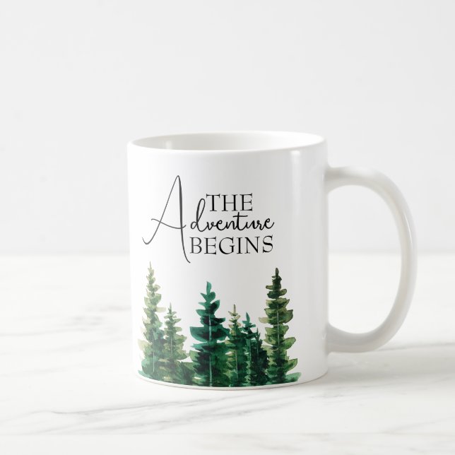 Caneca De Café Começa Aventura Árvores Verdes Russas Por Aquarela (Direita)