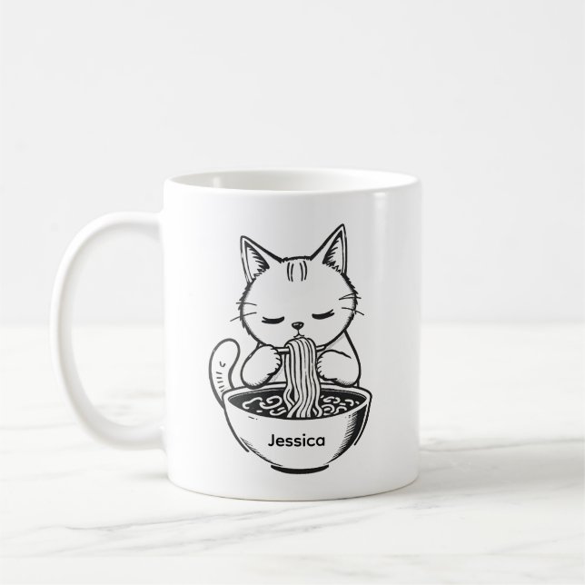 Caneca de Café Comendo Macarrão Ramen - Nome Perso (Esquerda)