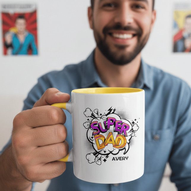 Caneca De Café Comic Book Style Super Dad Personalized Name (Criador carregado)
