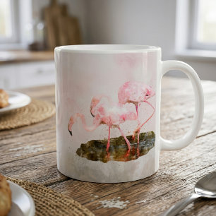 Caneca De Café Companheirismo de Flamingos Rosa na Arte em Aquare