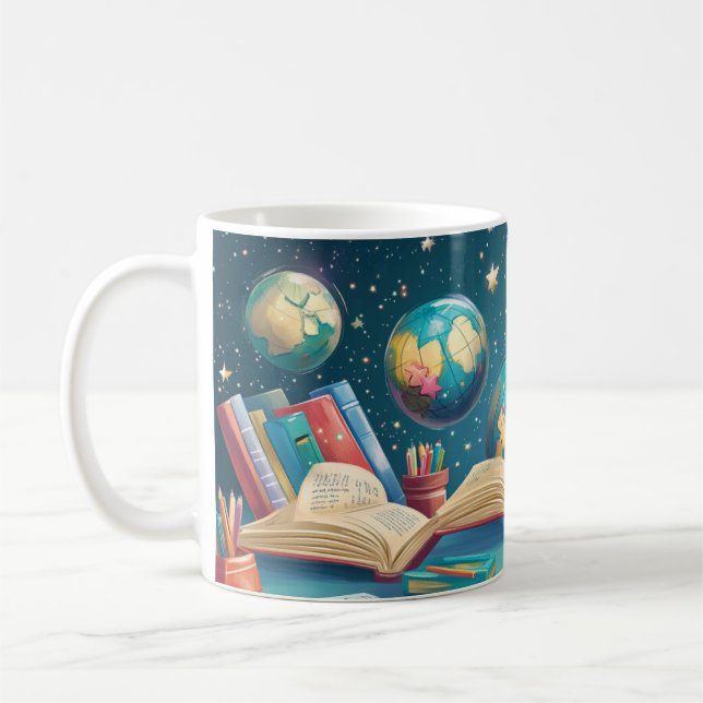 Caneca De Café Conceito educacional com globos flutuando acima (Esquerda)