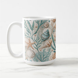CANECA DE CAFÉ CONCHAS BROWN GREEN WHITE E FOLHAGEM AQUÁTICA