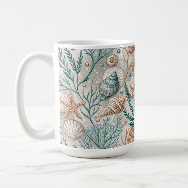 CANECA DE CAFÉ CONCHAS BROWN GREEN WHITE E FOLHAGEM AQUÁTICA (Esquerda)
