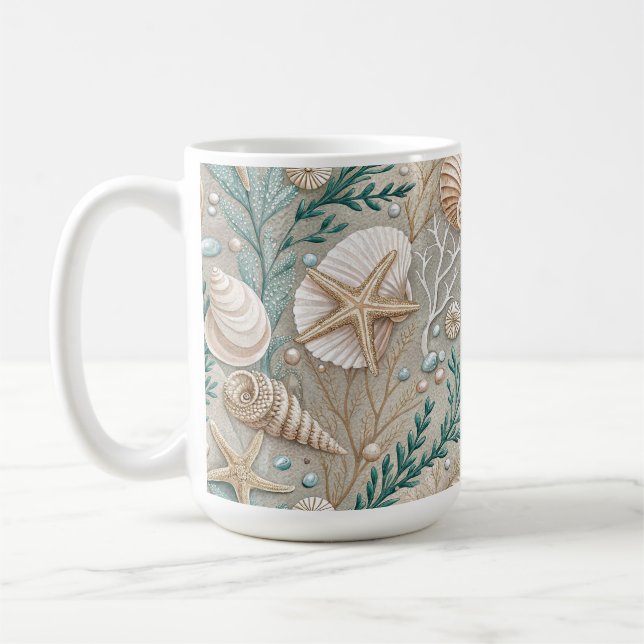 CANECA DE CAFÉ CONCHAS BROWN GREEN WHITE E FOLHAGEM AQUÁTICA (Esquerda)