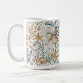 CANECA DE CAFÉ CONCHAS BROWN VERDE BRANCO E FOLHAGEM AQUÁTICA