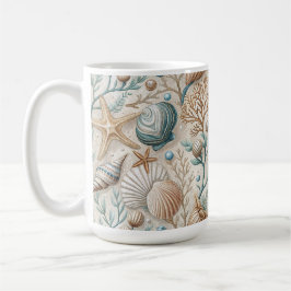 CANECA DE CAFÉ CONCHAS BROWN VERDE BRANCO E FOLHAGEM AQUÁTICA