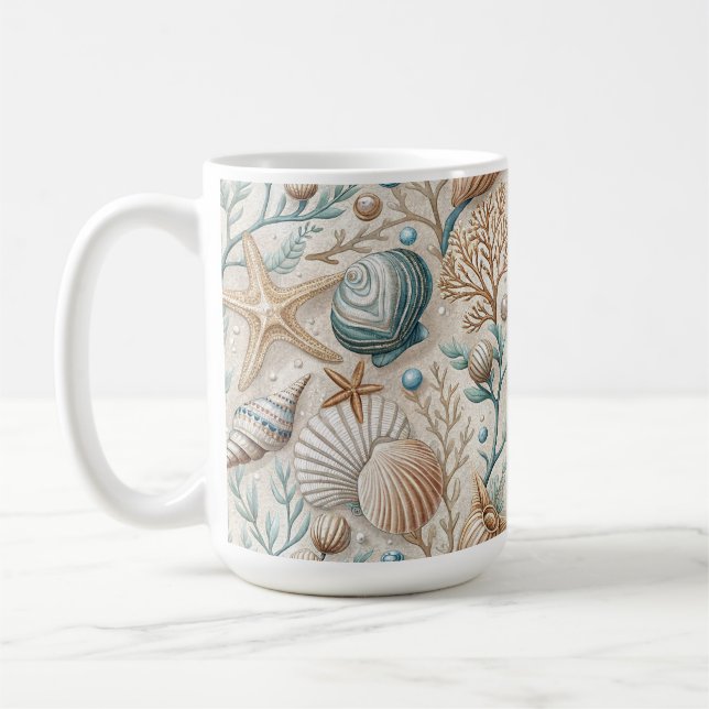CANECA DE CAFÉ CONCHAS BROWN VERDE BRANCO E FOLHAGEM AQUÁTICA (Esquerda)