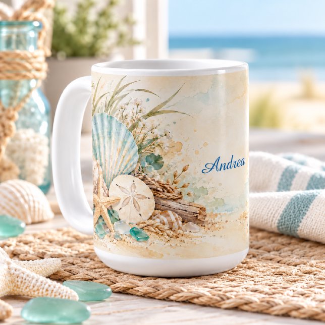 Caneca De Café Conchas Costeiras & Vidro do Mar (Criador carregado)