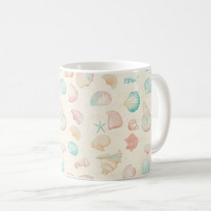 Caneca De Café Conchas Estrela-do-Mar Azul Pastel Pêssego Costeir