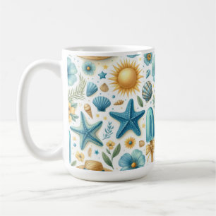CANECA DE CAFÉ CONCHAS FLORES AMARELAS & AZUIS DE VERÃO