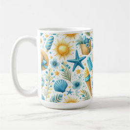 CANECA DE CAFÉ CONCHAS FLORES DE VERÃO AZUIS E AMARELAS