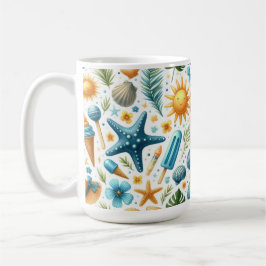 CANECA DE CAFÉ CONCHAS FLORES DE VERÃO AZUIS E AMARELAS