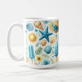 CANECA DE CAFÉ CONCHAS FLORES DE VERÃO AZUIS E AMARELAS