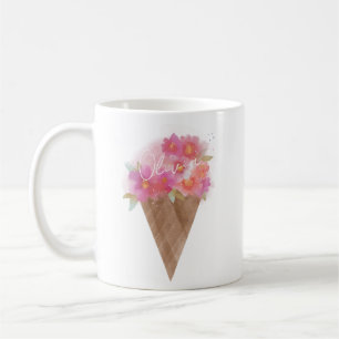 Caneca De Café Cone de Sorvete Floral de Aquarela com Nome