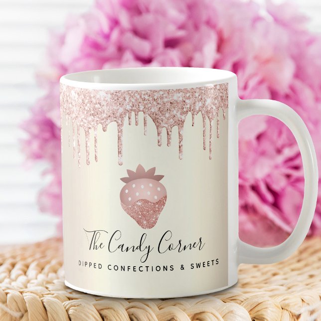 Caneca De Café Confecção com gotas de morango rosa doce Dourado (Criador carregado)