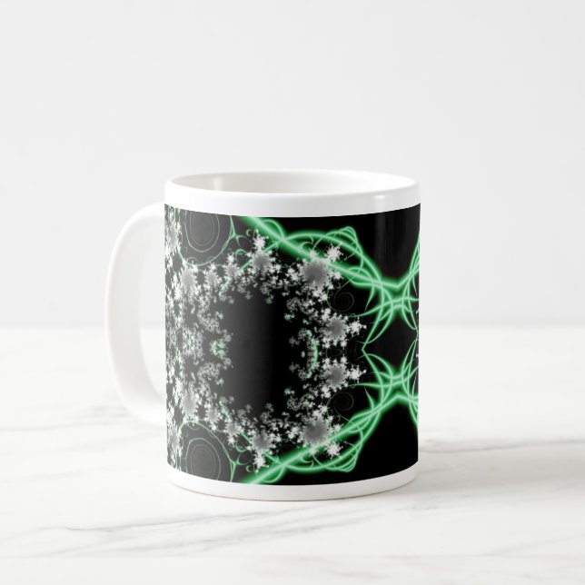 Caneca De Café Confusão | Quebra de Arte Fractal Verde e Branca (Frente Esquerda)