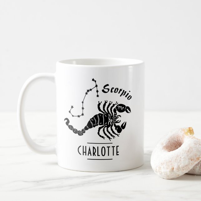 Caneca De Café Constelação Scorpio Scorpion com Nome Aniversário (Com Donut)