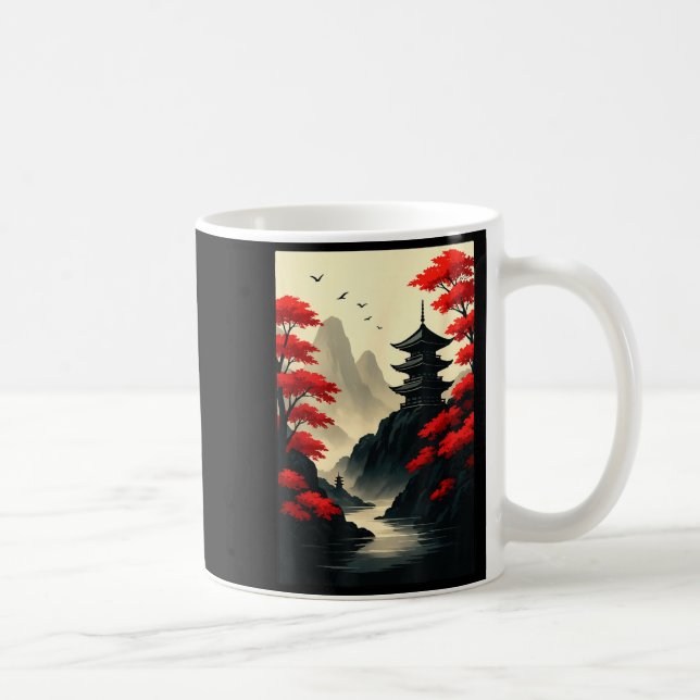 Caneca De Café Cool Japanese Pagoda Castle Mountain Landscape Gra (Direita)